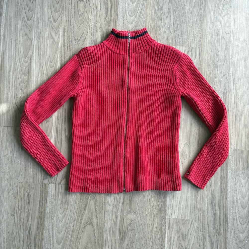 Tommy Hilfiger Red Ribbed Turtleneck Sweater Full Zip Sweater